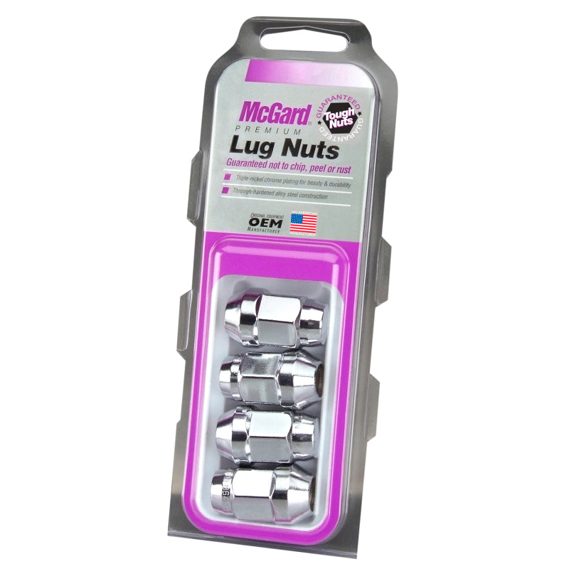 Chrome McGard hex lug nuts with cone seat bulge style, 7/16-20 size, 3/4 inch hex, 1.45-inch length, 4-pack for vehicle wheels.