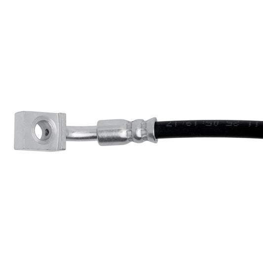 DFC Cadillac CTS rear right brake hose from the brake line kit, showing the flexible rubber brake line with metal fittings.