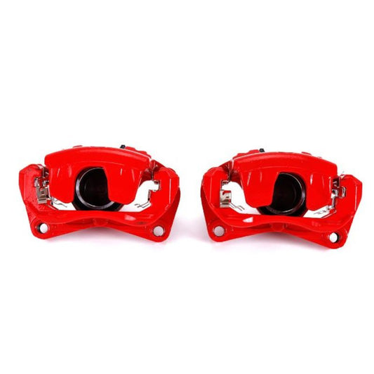 Pair of PowerStop front red brake calipers with brackets for 2007-2010 Nissan Altima, performance brake calipers for enhanced stopping power.