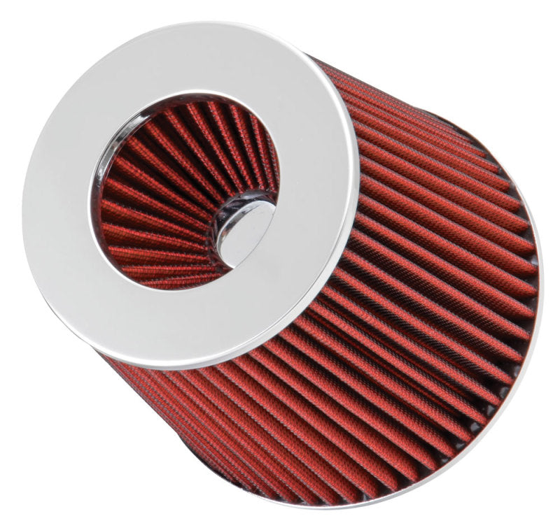 Spectre adjustable conical air filter in red, 5-1/2 inches tall, fits 3 to 4-inch tubes, universal fit for automotive engines.