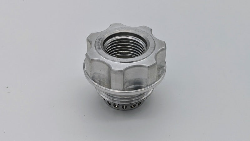 Granatelli Motor Sports vented oil fill cap with -10AN ORB female and -20AN male threaded inserts, natural finish, for automotive oil systems.