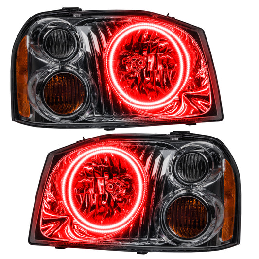 Oracle Lighting red LED halo headlights for 2001-2004 Nissan Frontier, pre-assembled, with bright red halo rings and clear lenses.
