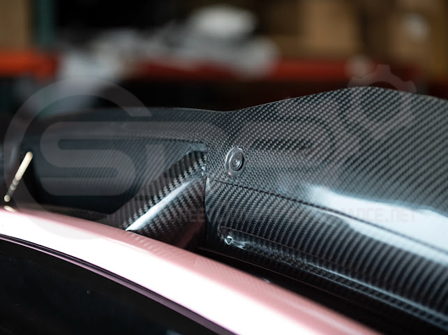 Ford Mustang Dark Horse carbon fiber rear wickerbill spoiler wing, designed for 2015-2023 models, featuring a sleek aerodynamic style.