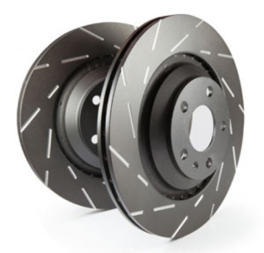 EBC slotted rear brake rotors for Tesla Model S 12-16 electric, high-performance slotted brake rotors for enhanced stopping power.