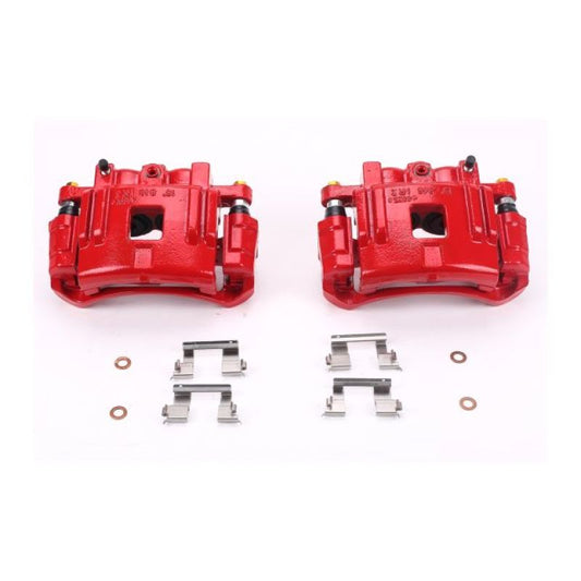 Pair of PowerStop front red brake calipers with brackets for 2004-2008 Chevrolet Colorado, performance disc brake upgrade.