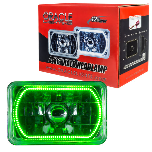 Oracle Lighting green halo sealed beam headlights for 4x6 inch vehicles, featuring pre-installed lights and modern LED design.