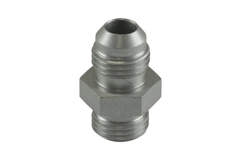 Turbosmart -6AN flare to -6AN ORB male straight fitting, clear, for automotive fluid connections, shown with detailed metal construction