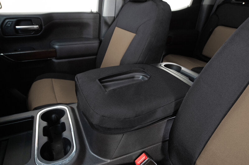 Covercraft Ford Super Endura PrecisionFit front seat covers in tan and black, custom-fit for 2023-2024 Ford trucks.