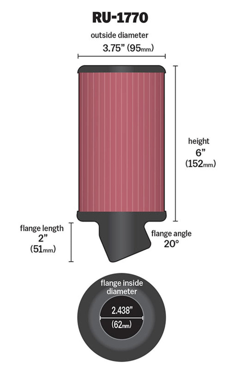 K&N Engineering universal rubber air filter with 2 7/16 inch flange, 3.75 inch OD, 6 inch height, and 20-degree flange.