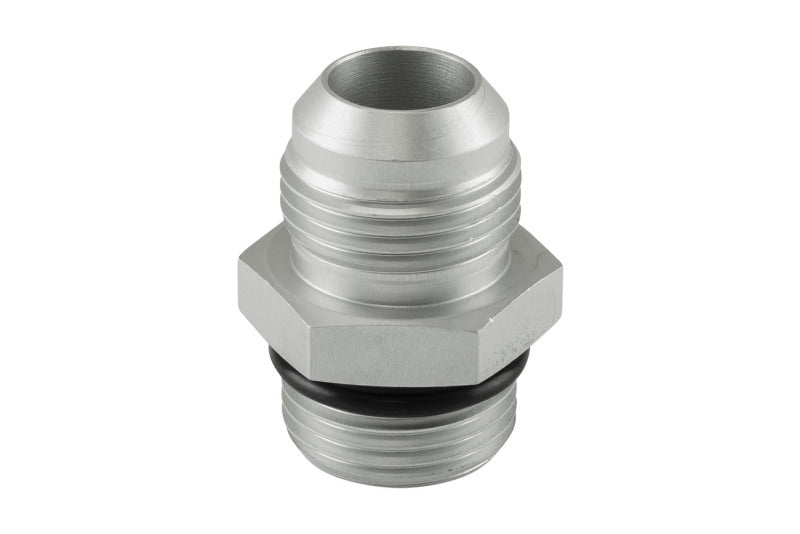 Turbosmart -12AN flare to -12AN ORB male straight fitting, clear metal with threaded ends for fuel or oil lines.