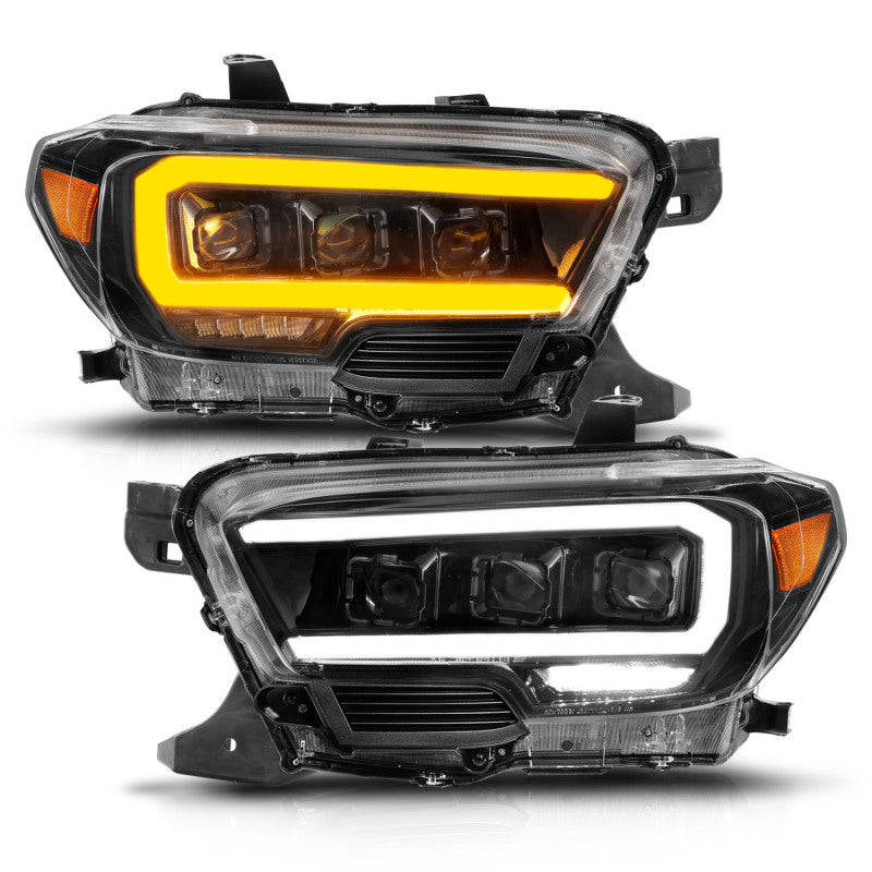 ANZO LED projector headlights with light bar for 2016-2022 Toyota Tacoma in black housing, featuring sequential illumination.