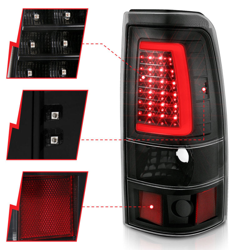 ANZO LED taillights for 1999-2002 Chevy Silverado 1500, black plank style with clear lens, featuring modern tail light design.