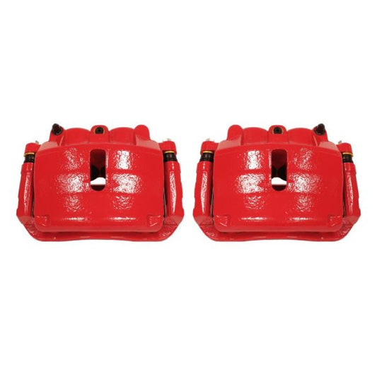 Pair of PowerStop 2009 Ford F-150 front red performance brake calipers with brackets, showing detailed view of caliper components.