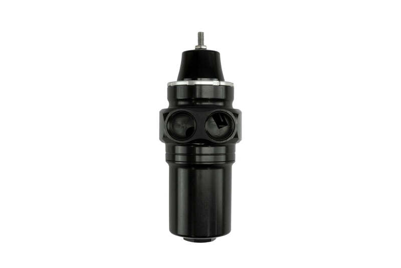 Turbosmart black canister-style fuel filter with regulator, -10AN fittings, designed for automotive fuel systems.