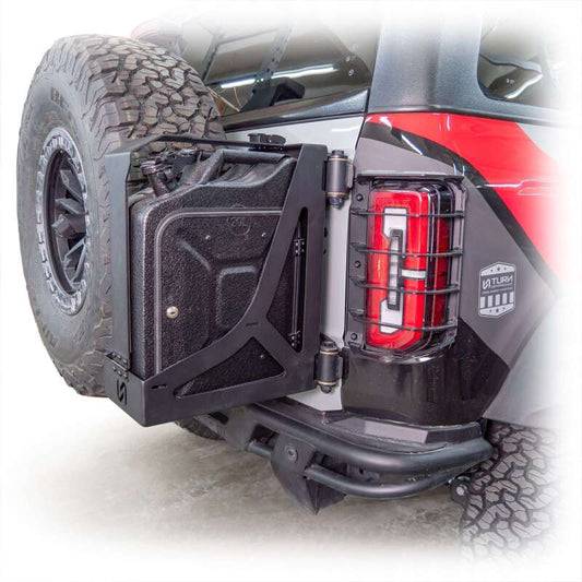 TURN Offroad Ford Bronco tailgate with mounted jerry can holder for 2021+ models, durable offroad tailgate accessory.