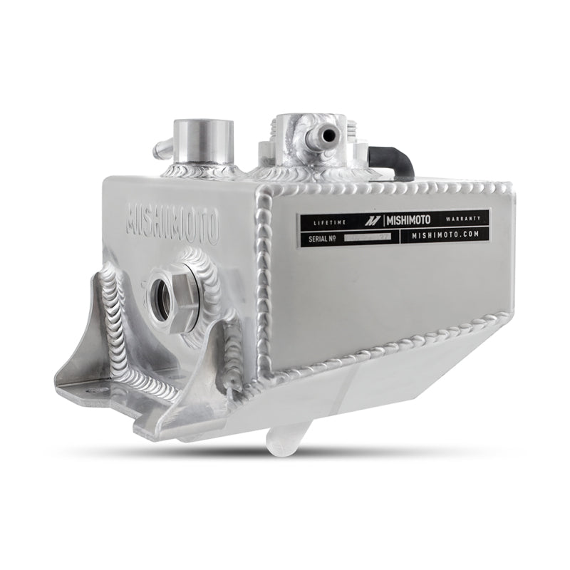 Polished Mishimoto 2024+ Ford Mustang V8/2.3L EcoBoost coolant expansion tank for improved engine cooling.
