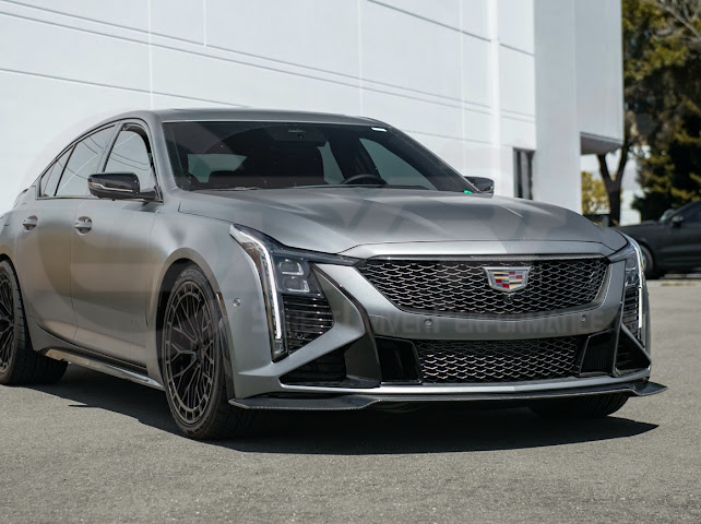 Cadillac CT5-V Blackwing factory OEM style carbon fiber front lip splitter with ground effects and wheel arches, part of lips and splitters.