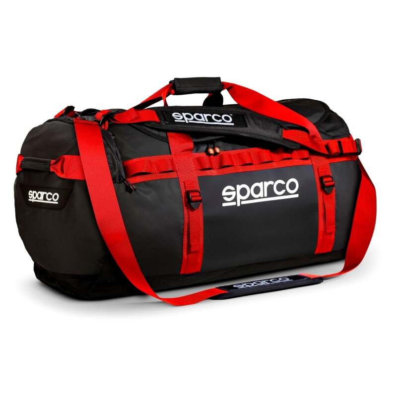 Black and red Sparco Dakar Duffle Bag in large size, durable luggage with spacious interior and sturdy handles.