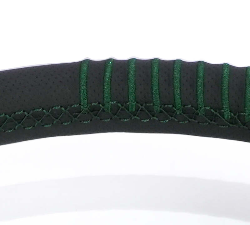 NRG 350mm black leather steering wheel with emerald stitching, 1.5-inch dish, perforated leather, reinforced spoke for cars.