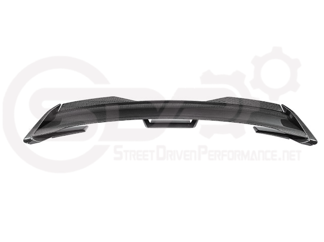 Dark Horse style carbon fiber rear wickerbill spoiler wing for 2015-2023 Ford Mustang, made by Street Driven Performance.