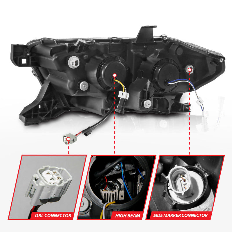 ANZO LED projector headlights with light bar for 2016-2022 Toyota Tacoma in black housing, featuring sequential lighting and modern design.