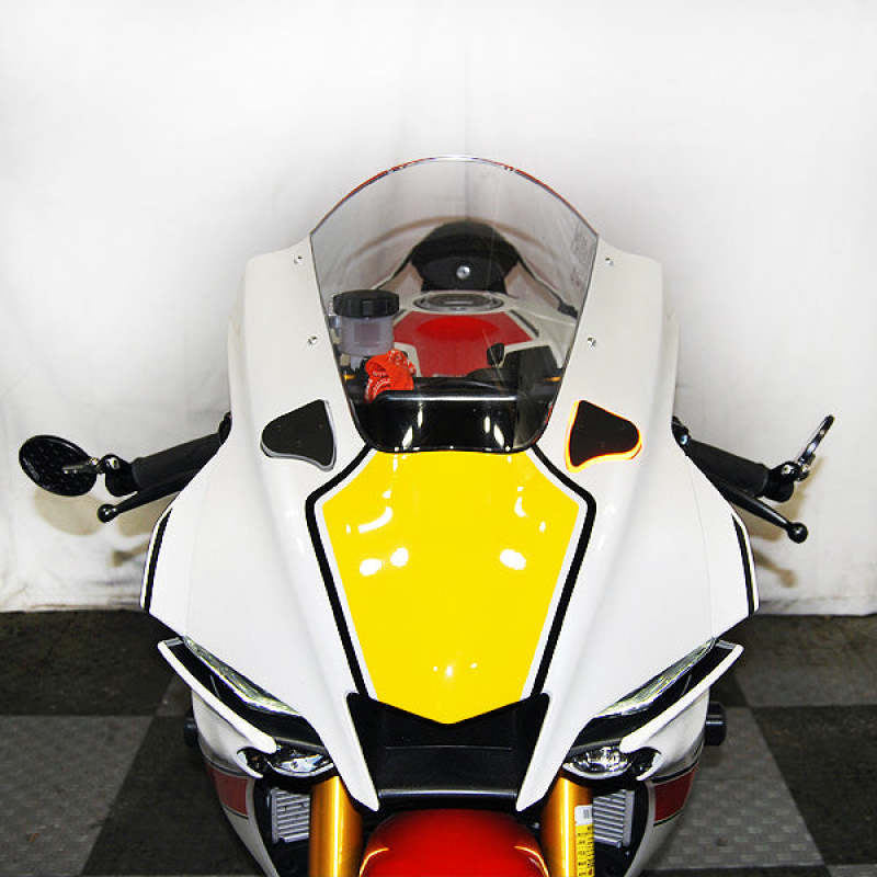 New Rage Cycles Yamaha YZF-R1 mirror block-off turn signal lights installed on motorcycle corner.