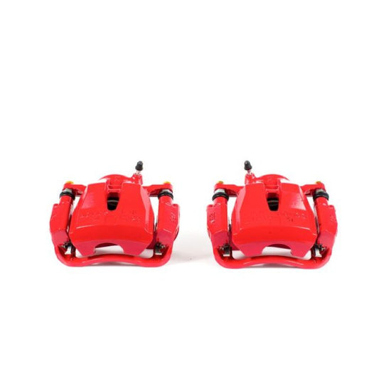 Pair of PowerStop front red brake calipers with brackets for 2009-2010 Pontiac Vibe, performance upgrade, shown mounted on vehicle.