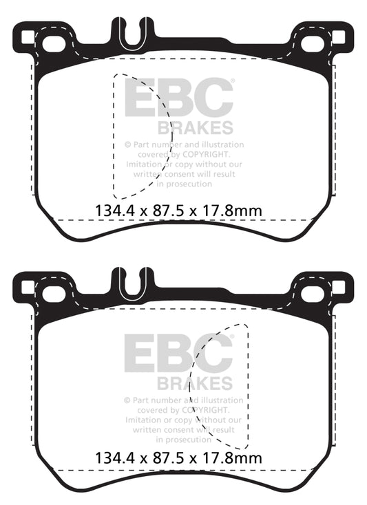 EBC 15+ Mercedes-Benz SL400 3.0 Twin Turbo Redstuff front brake pads, performance brake pads with red friction material.