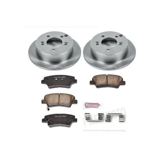 PowerStop OE rear brake kit for Hyundai Sonata 2008-2010, showing brake rotors and pads installed on vehicle suspension.