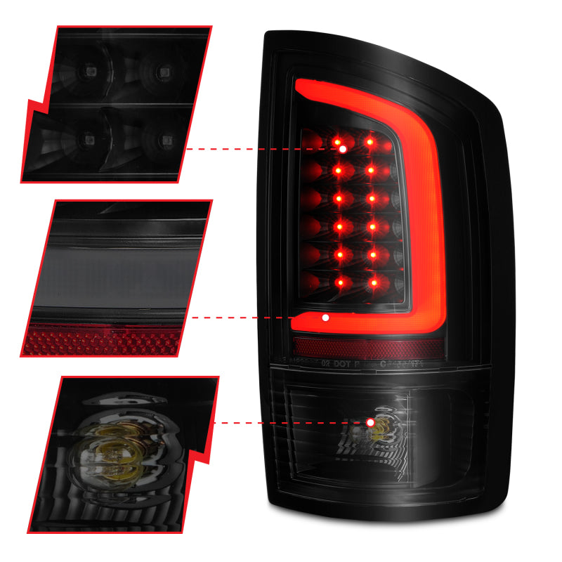 ANZO LED tail lights for Dodge Ram 1500 (2002-2006) with black housing and smoke lens, featuring integrated light bar.