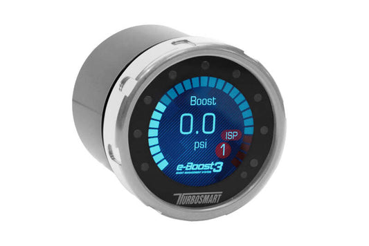 Turbosmart 3 Bar 60mm 4 Port eBoost3 silver boost controller with digital gauge and control knobs for turbocharged engines.