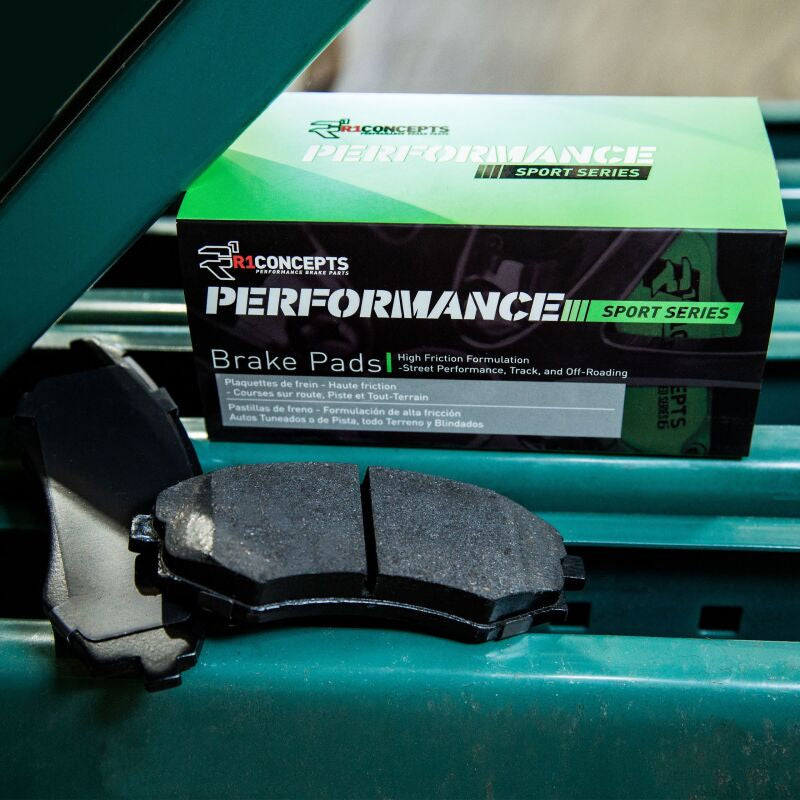 Performance brake pads and hardware kit for Chevrolet Corvette R1 06-13, featuring rear sport brake pads by R1 Concepts.