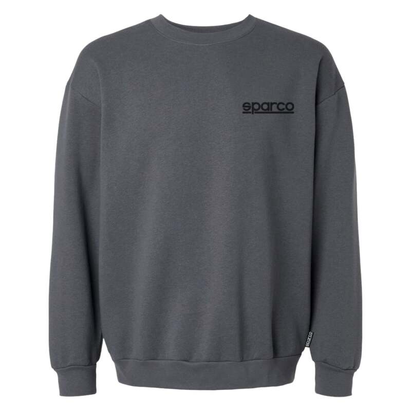 Gray Sparco sweatshirt crew in XL size, featuring a comfortable fit and classic design, shown with a close-up of the fabric and collar.