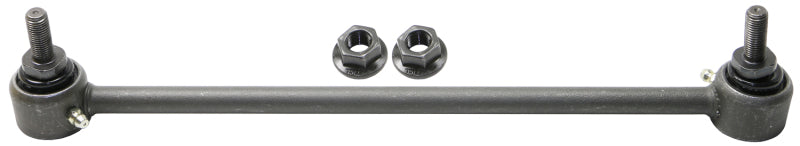Moog 14-23 Mini Cooper front sway bar endlink showing metal link with rubber bushings and mounting hardware.