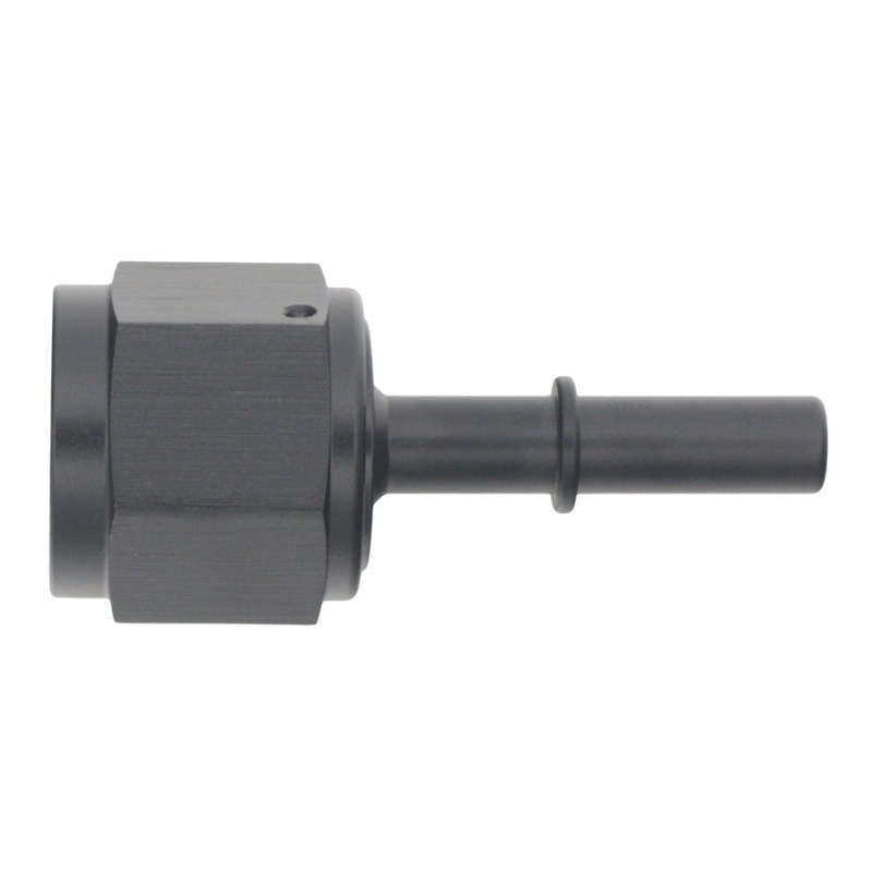 DeatschWerks 10AN female flare swivel fitting to 5/16 inch male EFI quick disconnect in matte black for fuel systems.