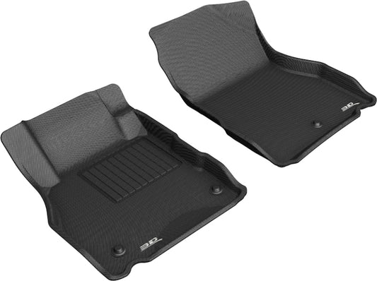 Black 3D MAXpider Nissan Kicks 2018-2019 first row rubber floor mat with textured surface and raised edges for protection.