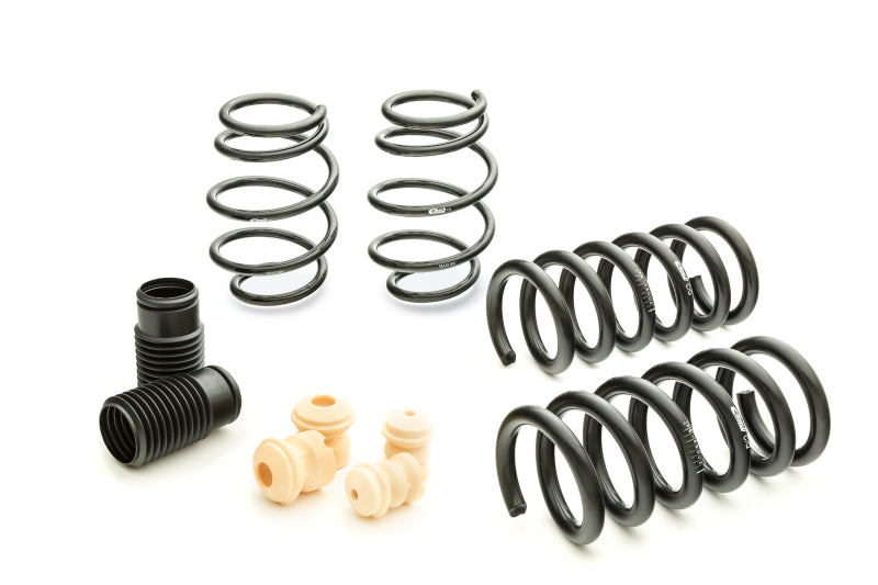 Eibach Pro-Kit lowering springs installed on a 2015 Ford Mustang EcoBoost, V6, and GT models, showcasing the spring design and vehicle stance.