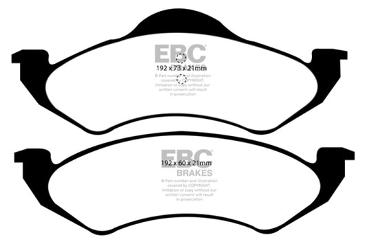 EBC Ultimax2 front brake pads for Dodge Dakota 2WD 2.5, OE style, showing the black brake pad with metal backing plate