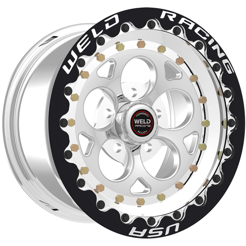 Weld Magnum III beadlock forged wheel with polished center and shell finish, 15x8 inches, 5x4.75 bolt pattern, black with polished accents