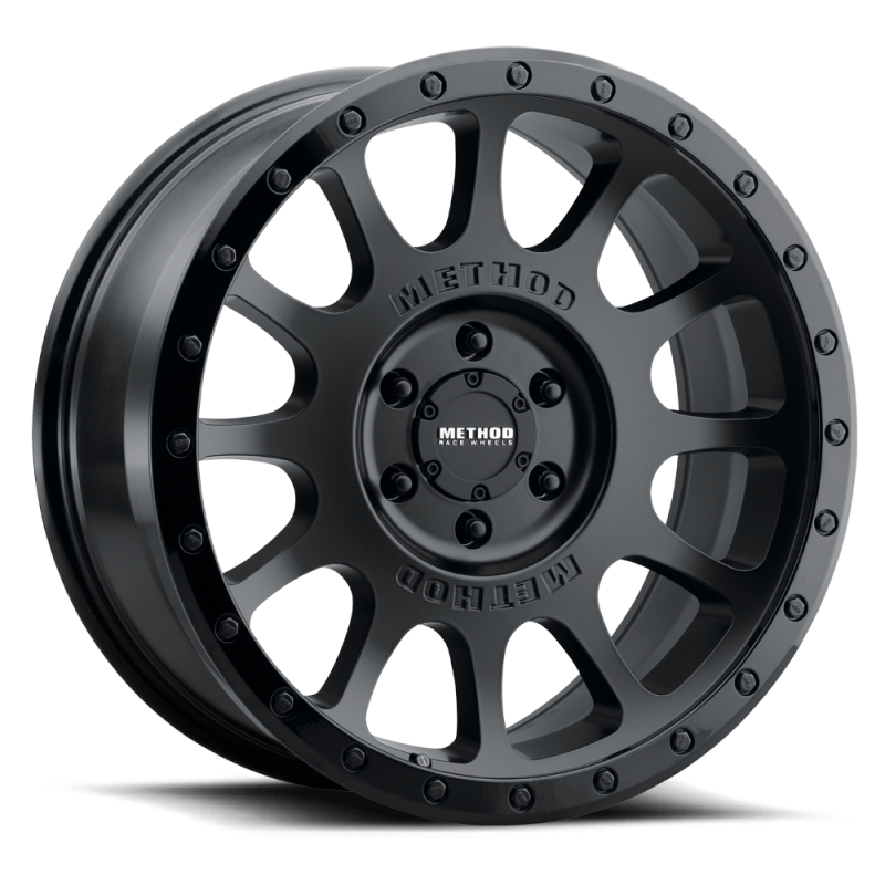 Method MR305 NV matte black and gloss black lip cast wheel, 18x9 inch size with 18mm offset and 8x170 bolt pattern.