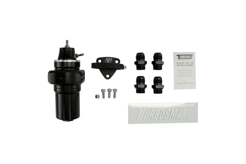 Turbosmart black canister style fuel filter with regulator, -10AN fittings, designed for automotive fuel system filtering.