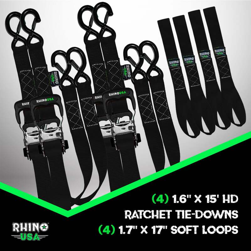 Rhino USA heavy duty cargo tie-down ratchet straps in black, 1.6-inch by 15-foot, for securing loads during transport.