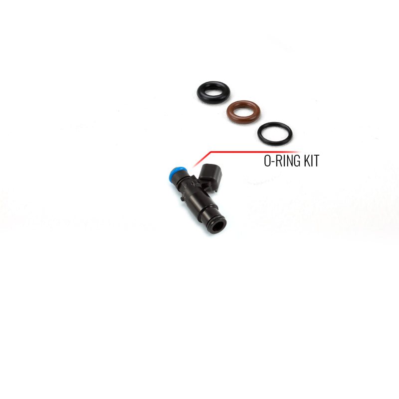 Injector Dynamics fuel injector O-ring and seal service kit with 14mm bottom adapter, for maintaining injector components.