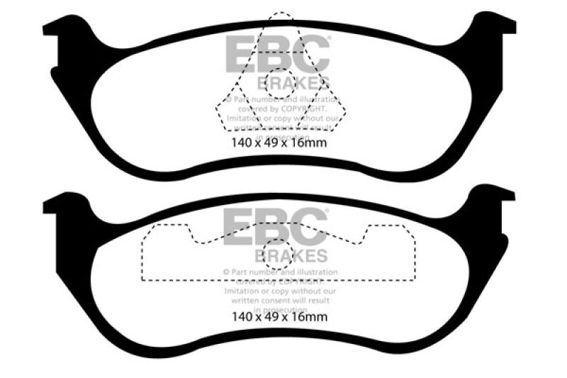 EBC Greenstuff rear brake pads for Ford Crown Victoria 4.6 ABS, steel piston, performance brake pads, shown in the image.
