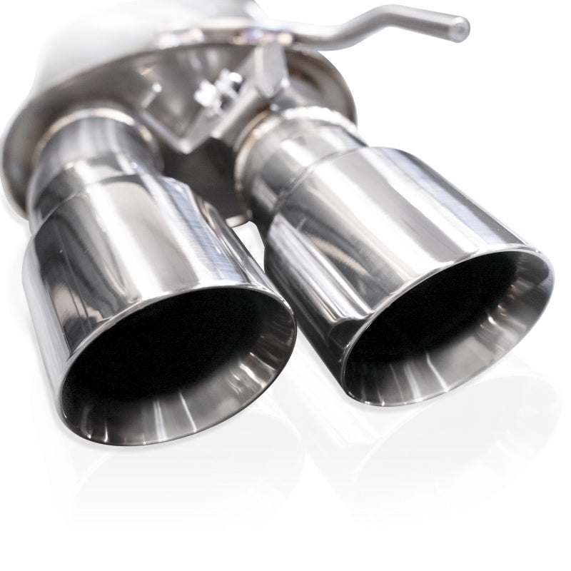 Stainless Works 2024 Mustang GT catback exhaust with quad tips and Legend Sound X-pipe, showcasing the performance connecting system.