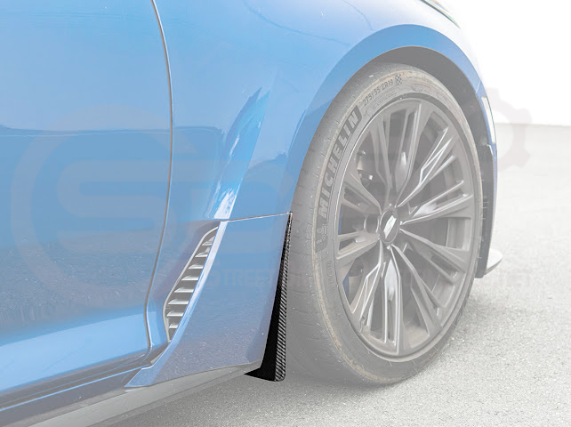 Pair of black carbon fiber mud flaps for 2022-up Cadillac CT5-V Blackwing, designed to protect the vehicle's front and rear wheels.