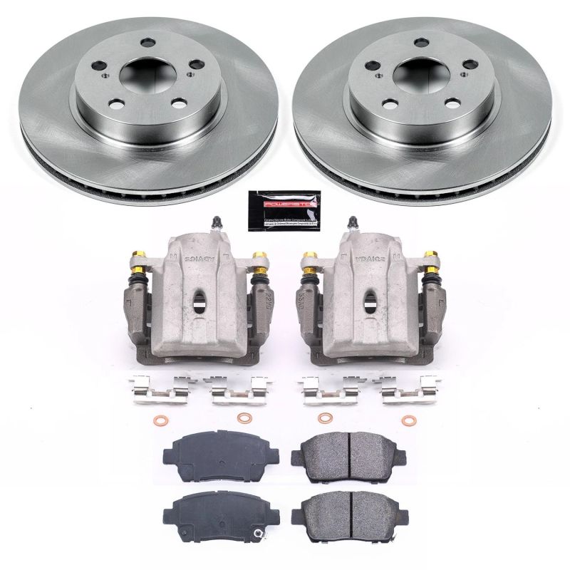 PowerStop front brake kit with calipers for 2004-2009 Toyota Prius, OE-style brake replacement, includes brake calipers and hardware.