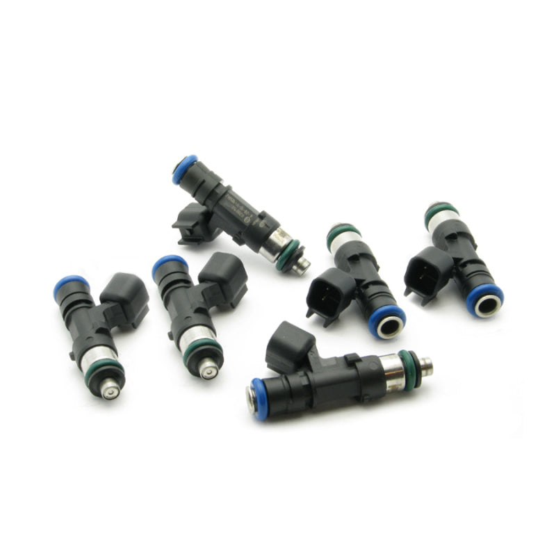 Set of six DeatschWerks Bosch EV14 48mm 72lb/hr fuel injectors for 6-cylinder engines, showing the injector nozzles and connectors.