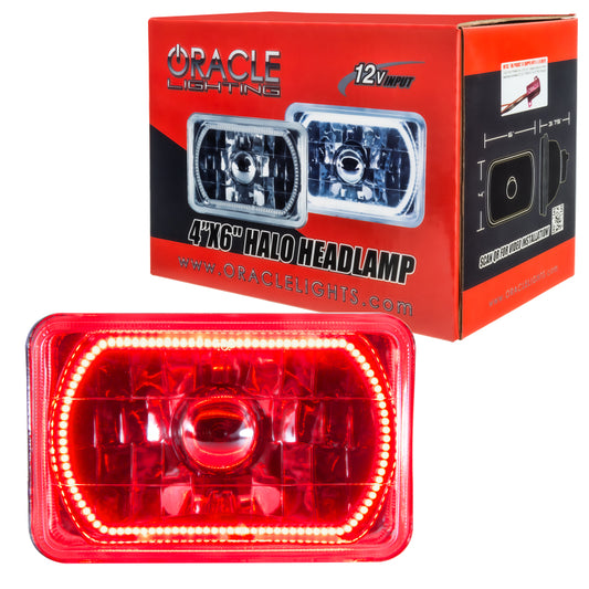 Oracle Lighting 4x6 inch sealed beam headlights with red halo, featuring pre-installed lights for vehicles.