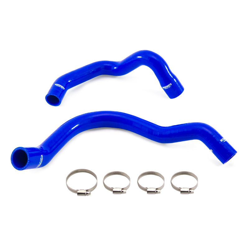 Blue Mishimoto silicone radiator hose kit for Jeep Cherokee XJ 4.0L, showing flexible hoses with smooth, durable silicone material.